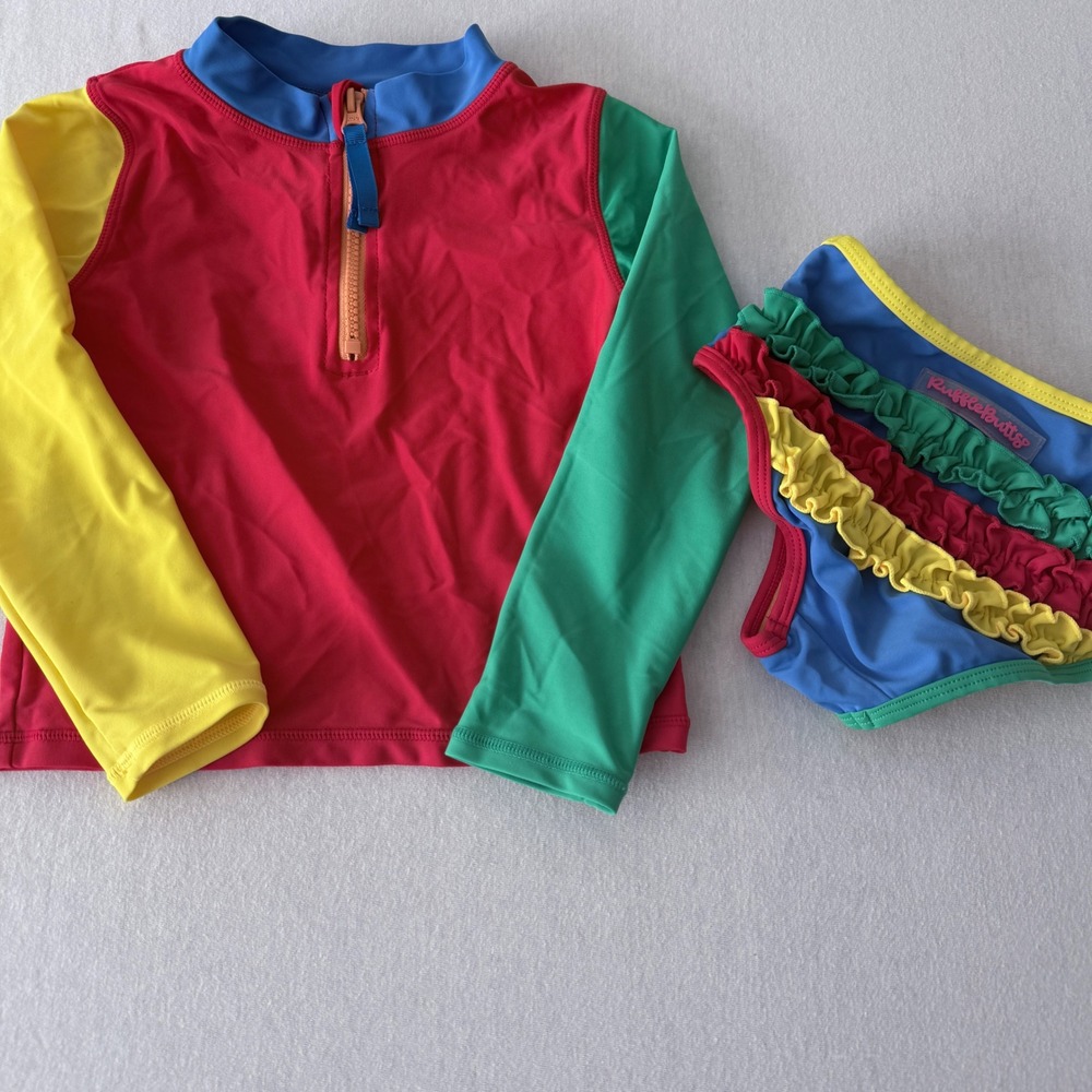 RuffleButts Rash Guard Swimsuit Kids 4T Colorblock Ruffle 2 Piece Set Primary